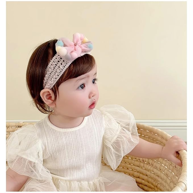 Baby Girls Hairbands Bow Lace Headband Handmade Soft Stretchy Pink Bowknot Hairbands Newborn Hairband with Bows Elastic Hair Bands for Kids Infant(Pink Ball Bow