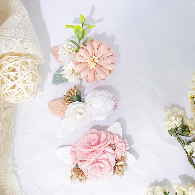 3pcs Girls Flower Hair Clips, Floral Hair Barrettes w/Boutique Fully Lined Alligator, Hair Bows for Baby Newborn Toddler