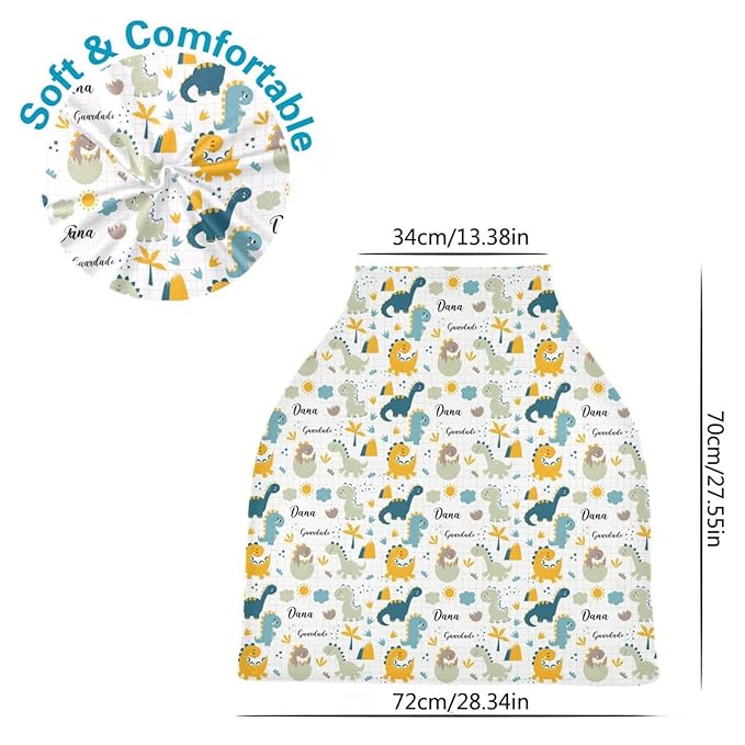 Customized Dinosaur Baby Car Seat Covers for Boys, Personalized Baby Carseat Cover with Name, Breathable Nursing Cover Breastfeeding Scarf, Multi-Use Stroller Canopy for Newborn Infants