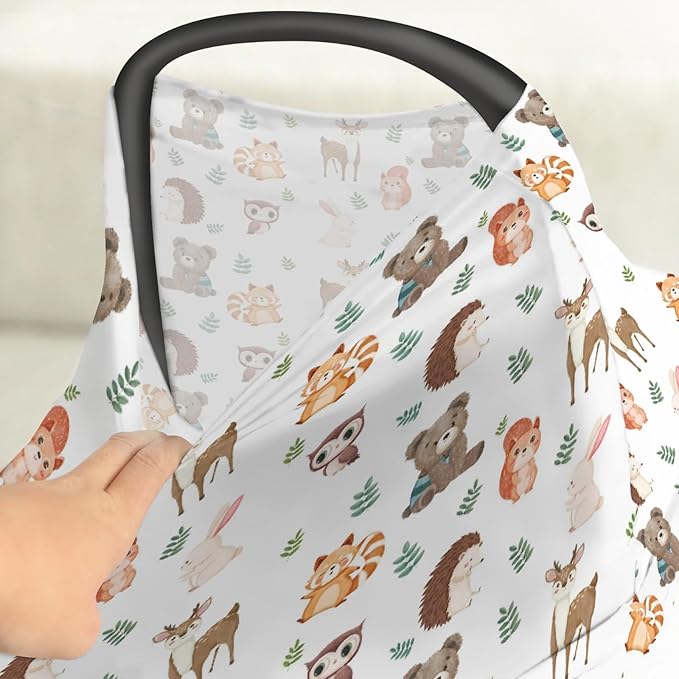 Cute Forest Animals Leaves Baby Car Seat Covers Bear Deer Raccoon Squirrel Bunny Hedgehog Owl Stretchy 5-in-1 Cover Adjustable Car Canopy Cover Wildlife Breathable Nursing Cover-Up
