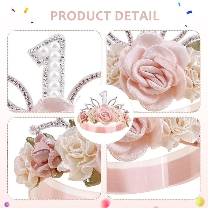 cherrboll Flower Headband Birthday Crown for Girl, Floral Nylon Hairband for 1-3 Years Old Toddler, First 1st Birthday Party Dress Photo Decoration Hair Accessory