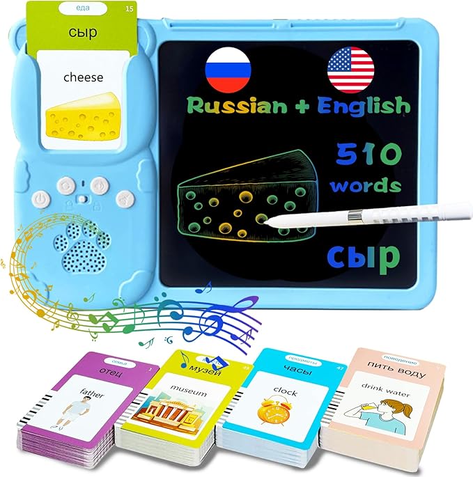 Talking English & Russian Flash Cards - 8" LCD Writing Tablet for Kids 3-12, Bilingual 510 Sight Words, Toddler Pocket Speech, Drawing Sketch Pad, Autism Toys for Boy (Russian - Blue)