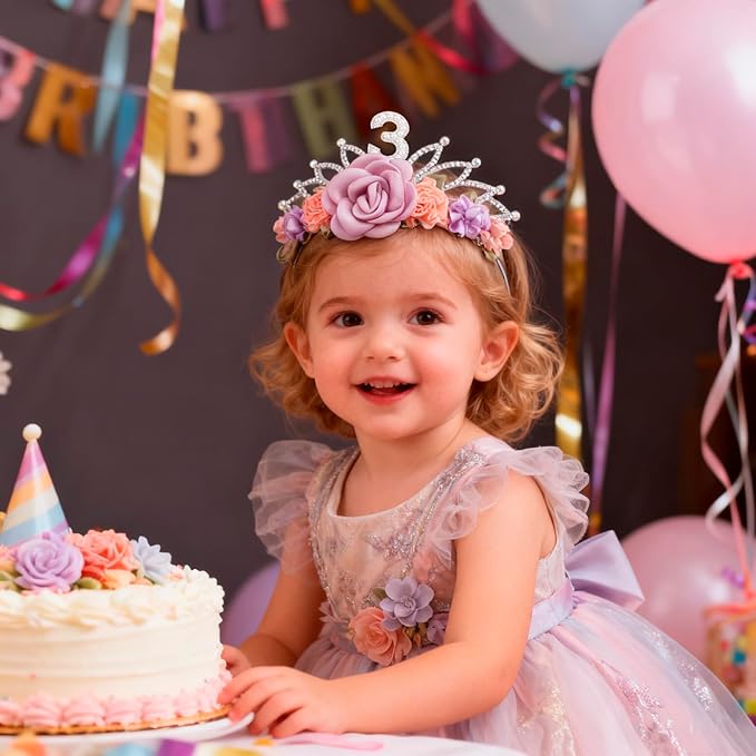 cherrboll Flower Headband Birthday Crown for Girl, Floral Nylon Hairband for 1-3 Years Old Toddler, 3rd Birthday Party Dress Photo Decoration Hair Accessory