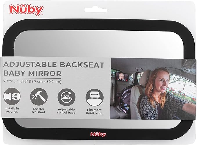 Nuby Adjustable Backseat Baby Mirror with Swivel Base for Easy Viewing, Quick Install, Shatter Resistant, Black (Pack of 2)