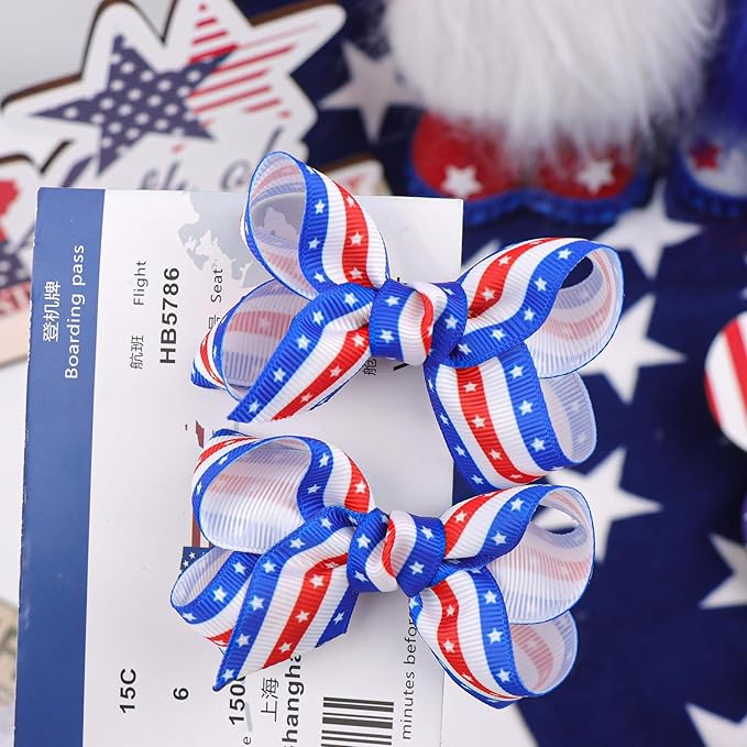 YanJie 4th of July 2pcs Hair Clips 3'' Blue Bow American Flag Hair Bows Baby Girls Clips Patriotic Hairgrips Hair Accessories Independence Day