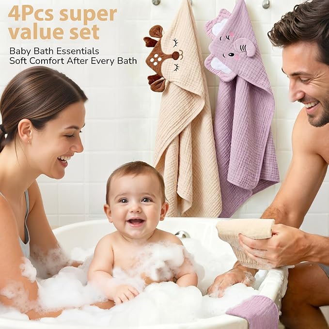 4 PCS Muslin Baby Bath Towels Set, 100% Cotton 2 PCS Animal Hooded Baby Towels 32x32 Inch & 2 PCS Washcloths, Ultra Absorbent & Soft Infant Newborn Essentials Gifts for Boys & Girls, Elephant & Deer