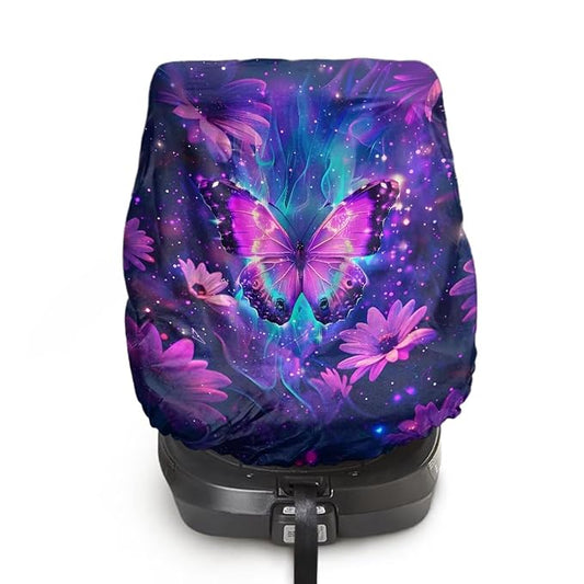 Baby Car Seat Cover for Travel, Purple Butterfly Carseat Covers Baby Washable Infant Car Seat Protector Reusable Car Seat Sun Cover for Baby Soft Toddler Car Seat Accessories