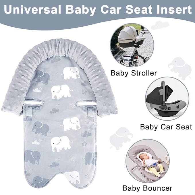 TANOFAR Baby Car Seat Insert and Strap Covers, Gray Carseat Head Support for Boys, Soft Unisex Cushion Fit for Car Seats, Stroller, Bouncers, Elephant