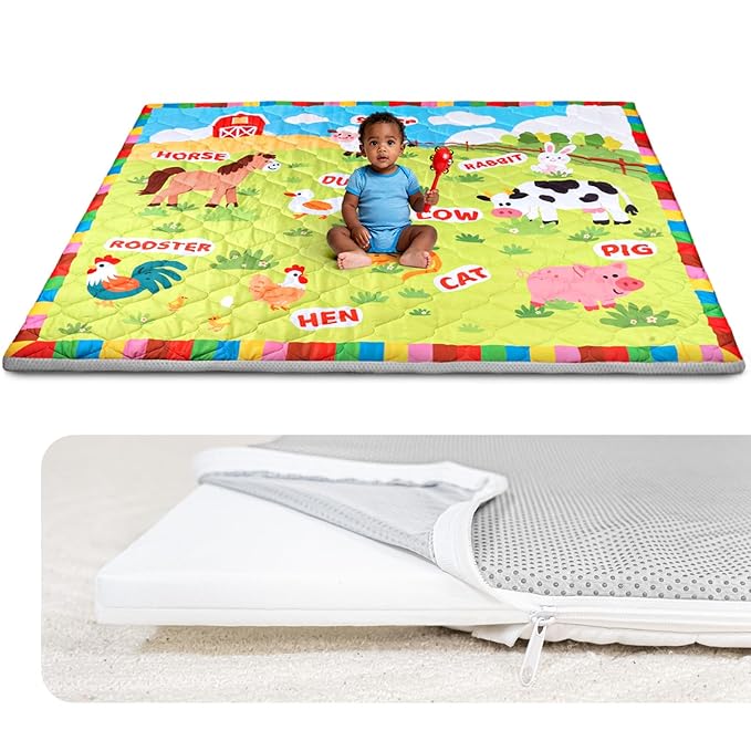 Foam Baby Play Mat 71x59, Removable and Machine Washable Cover, Thicken Cushioning Playmat and Perfect for Playpen, Non-Slip Bottom, Easy to Clean for Infants, Toddlers & Babies(Farm)