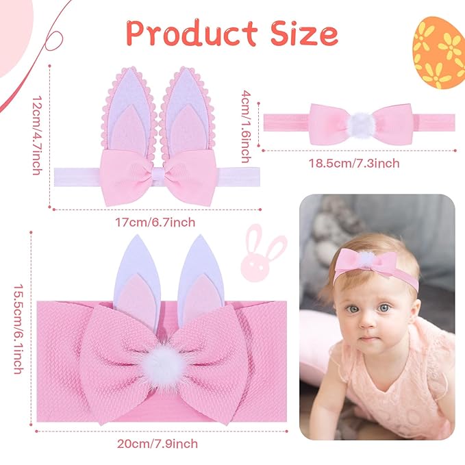 Easter Bows for Baby Girls, 3pcs Rabbit Ears Baby Headbands Pink Elastic Newborn Infant Bow Toddler Headband for Girls Hair Accessories Pink Bunny