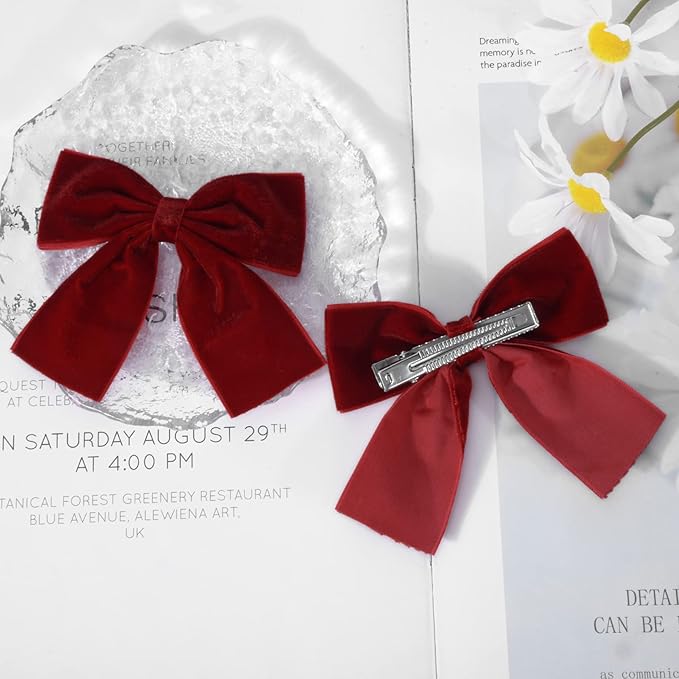 2PCS Velvet Hair Bows Red Hair Ribbon Clips 4" Big Fall Alligator Clips Hair Accessories for Women Girls Toddlers Kids Baby