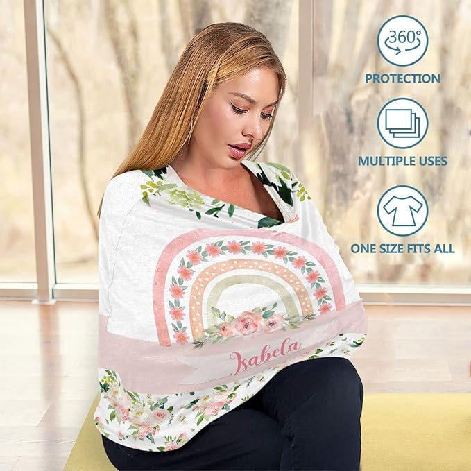 Personalized Baby Car Seat Cover for Girls, Custom Nursing Covers for Breastfeeding with Name, Infant Stroller Cover, Baby Carseat Canopy for Newborn, Multiuse Car Seat Canopies, Rainbow