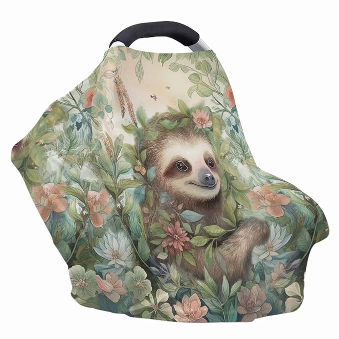 Wanyint Sloth Leaf Retro Baby Car Seat Covers, Carseat Canopy for Babies Boys Girls Multi-Use Nursing Breastfeeding Covers Nursing Scarf, Gift for Mothers