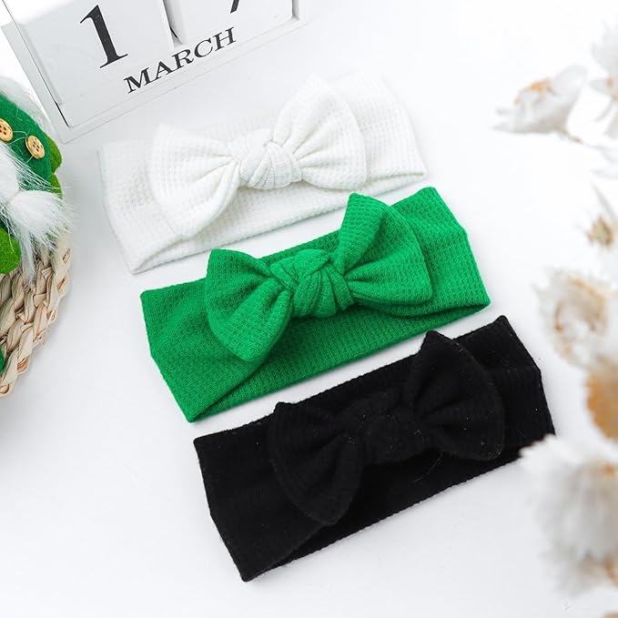 St. Patrick's Day Baby Headbands with Bows - 3 Packs Black, White, Green - Toddler Girls Hair Accessories