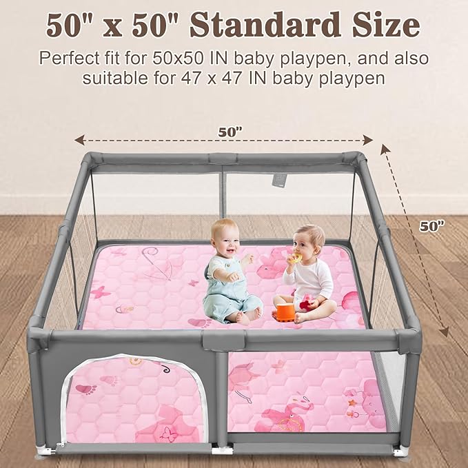 Baby Mat for Floor, 50 x 50 Play Mat for Playpen, Thicken Soft Padding Infant Play Mat, Non-Slip Cushioned Baby Floor Play Mat, Machine Washable Baby Crawling Mat (Pink World)