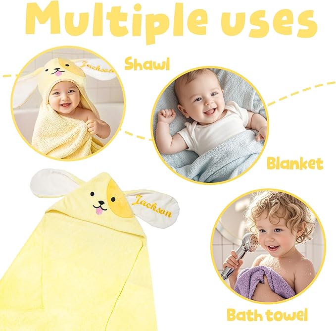 Custom Hooded Baby Towels with Name, Personalized Bunny Easter Gifts for Toddlers, Custom Baby Bath Towels for Newborn, Ultra Soft and Absorbent, Ideal for Girl Boy (Dog)