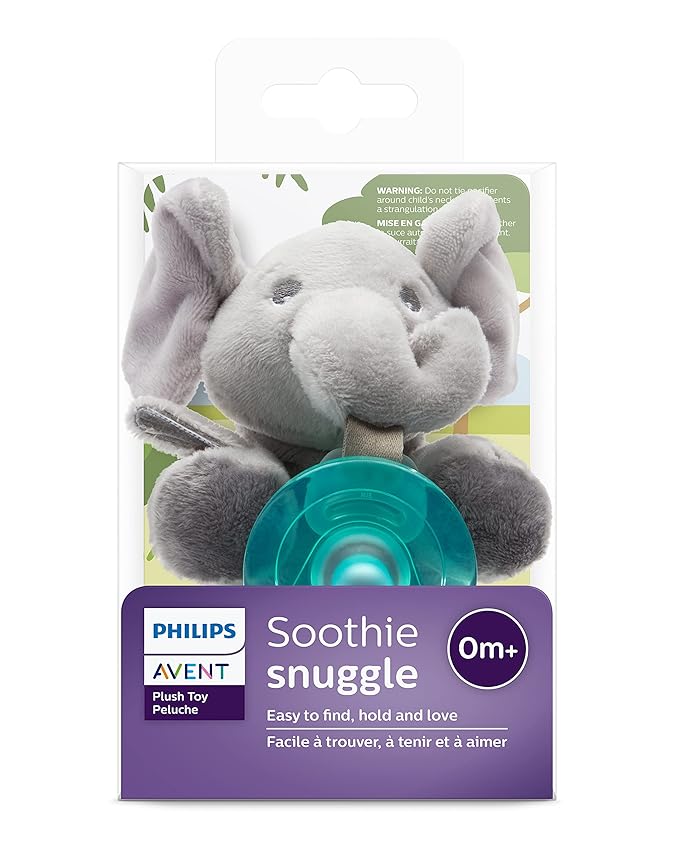Philips AVENT Soothie Snuggle Pacifier Holder with Detachable Pacifier,0m+,Elephant,SCF347/03-,(Pack of 3)