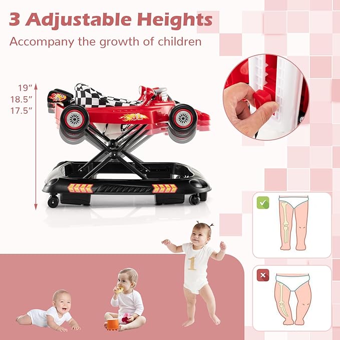 BABY JOY 4-in-1 Baby Walker, Foldable Activity Walker with Adjustable Height, Music & Lights, Anti-Rollover, Toddler Push Walker, Baby Walker with Wheels for Boys Girls 6-14 Months (Red)