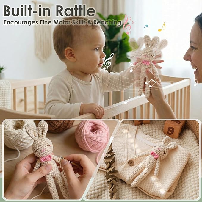 Crochet Sensory Rattle for Baby Early Development - Amigurumi Grip Toy - Soft Cotton Texture Shaker for Fine Motor Skills & Tactile Play - Newborn Essentials (Bunny & Giraffe)
