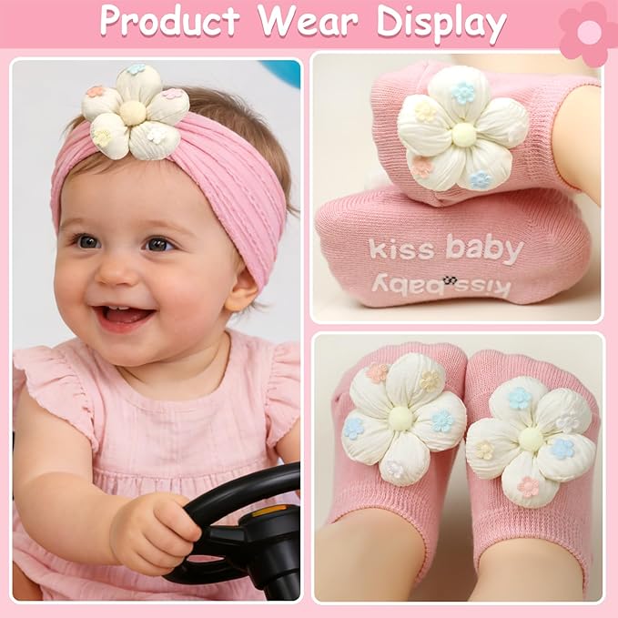 MIUXUESO Baby Girls Headbands and Socks Newborn Flower Hairbands Non-Slip Grips Socks Nylon Hair Accessories Infants and Toddlers (White, 6-12 Months)