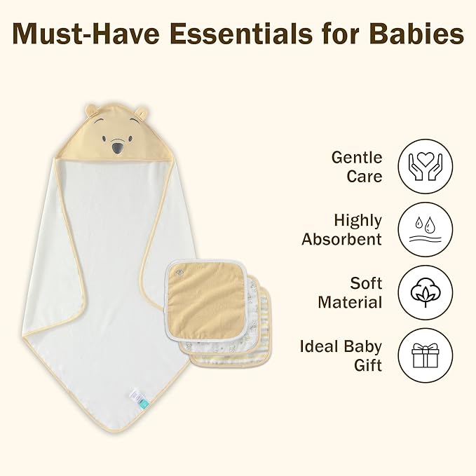 Disney Baby Winnie The Pooh Unisex Hooded Baby-Bath Towel with 3 Washcloths Set for Newborn and Infants