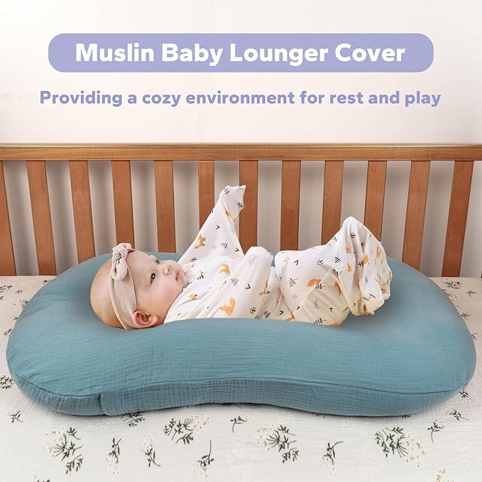 FUNUPUP Muslin Baby Lounger Cover Compatible with Snuggle Me Lounger, Infant Lounger Pillow Cover for Newborn, Removable Newborn Lounger Cover for Boys and Girls, Only Cover, Grey & Blue