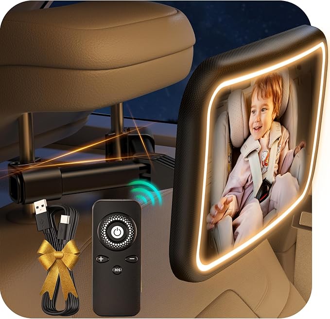 TAZENI Baby Car Mirror With Light & Remote Control, Baby Mirror for Car Seat Rear Facing Stable Hook Clip, Car Seat Mirror for Baby Rear Facing, Crystal Clear ShatterProof, Long Lasting Battery