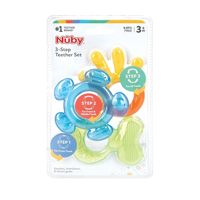 Nuby Three Step Teether Set | 3 Pack | 3m+ | Soft and Hard Teething Surfaces