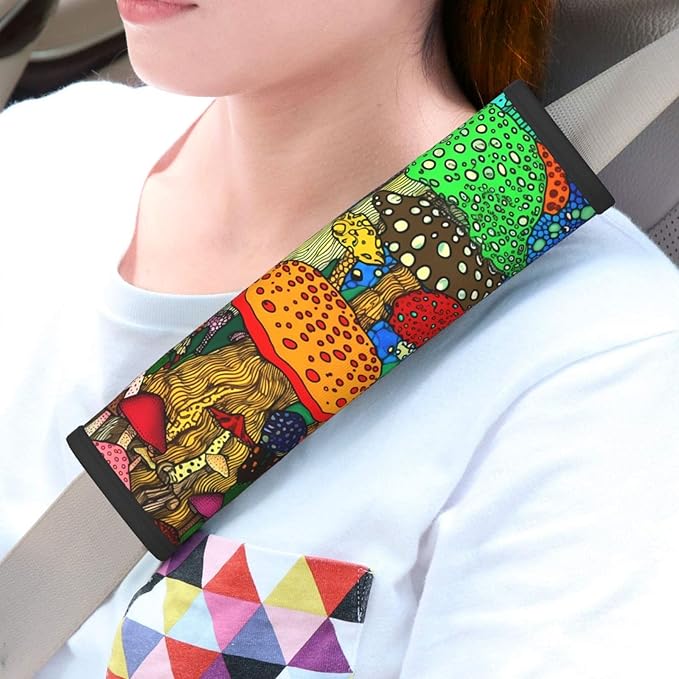 Cartoon Forest Mushroom Print Seatbelt Pads Fits Cars Trucks SUV Sedans Sweat Absorption Car Seatbelt Strap Cover, Auto Interior Accessories Protector