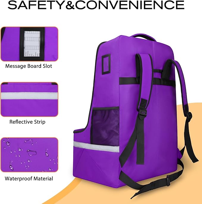 LARIPOP Car Seat Travel Bag for Airplane, Universal Gate Check Car Seat Bag, Padded Backpack with Waist Belt, Reflective Strips & Protective Feet, Fits Infant Convertible Booster Seats, Purple
