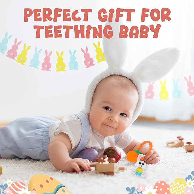 Easter Eggs Bunny Teething Toys, Easter Basket Essentials Stuffers, Silicone Easter Egg Baby Carrot Teether Toys, Baby Carrots for Baby's First Easter Gifts, Easter Decorations for Infant Boys Girls
