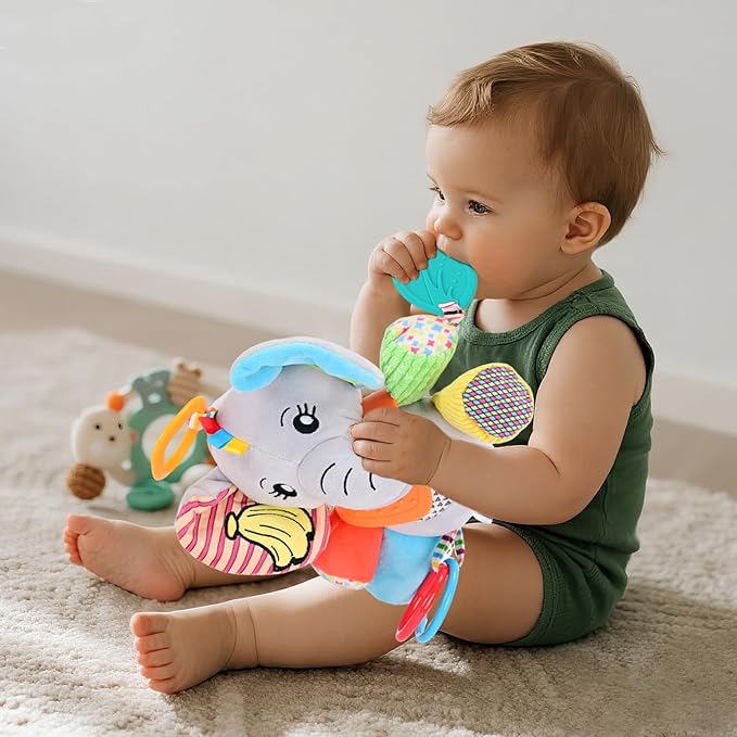 Baby Toys 0-6-12 Months: Elephant with Detachable Touch-Sensitive Sound Box (30 Sounds), Removable Bib, Teether, Rattle, BB Squeaker, Mirror | Attaches to Strollers, Car Seats, Carriers