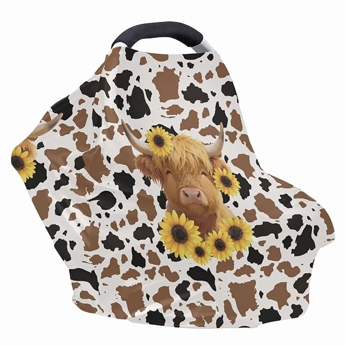 Wanyint Nursing Cover Carseat Canopy Cover Adorable Car Seat Covers for Babies Girls Boys Breathable Nursing Cover for Boys Girls Home Decor, Highland Cow Sunflower Brown Cow Print