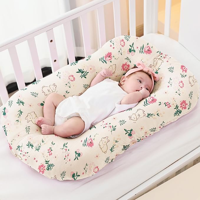 FUNUPUP Muslin Baby Lounger Cover Compatible with Snuggle Me Lounger, Infant Lounger Pillow Cover for Newborn, Removable Newborn Lounger Cover for Boys and Girls, Only Cover, Pink Flower