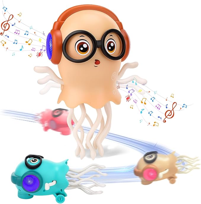 Vodolo Magic Electric Dancing Jellyfish Toy with Led Light and Music,Playful Automatic Steer Crawling Dancing Baby Toy with Smart Tentacle Explorer,Dancing Octopus Toy,Tummy Time Toys,Orange