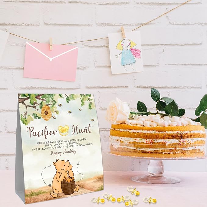 Winnie Mini Pacifiers Baby Shower Game, Pacifiers Hunt Sign, Classic Pooh Baby Shower Game Set, 50Pcs Yellow Mini Pacifiers Decor for Baby Shower, Baby Shower Game Supplies