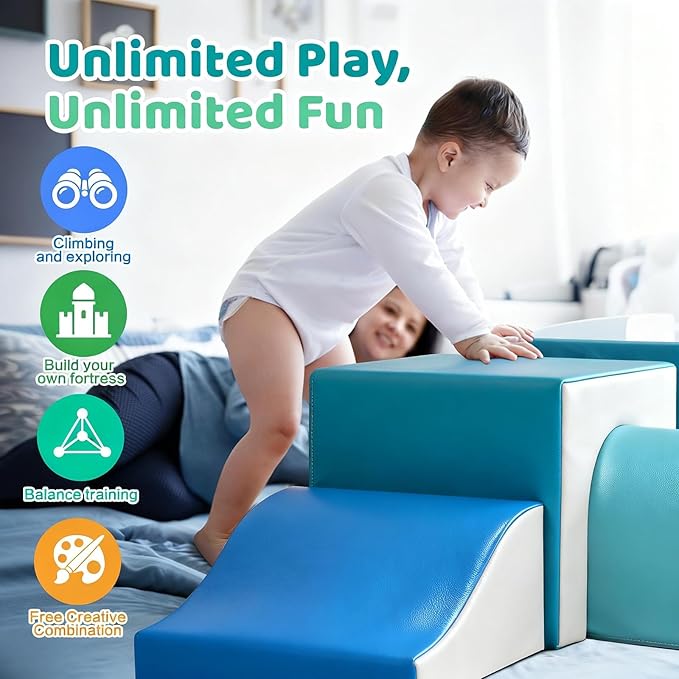 Sumbababy Foam Climbing Blocks for Toddlers: with a Tunnel - 4 PCS Foam Blocks - Kids Indoor Climbers Play Structures Play Gym Soft Climber with Slide and Stair Soft Playground Green