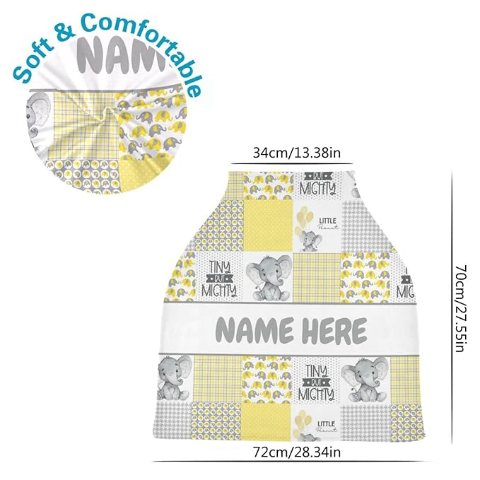 Personalized Cute Elephant Yellow Baby Car Seat Cover for Babies with Name, Custom Baby Car Seats Canopy for Boys Girls, Nursing Breastfeeding Stroller Covers Infant Car Seat Blanket for Newborn