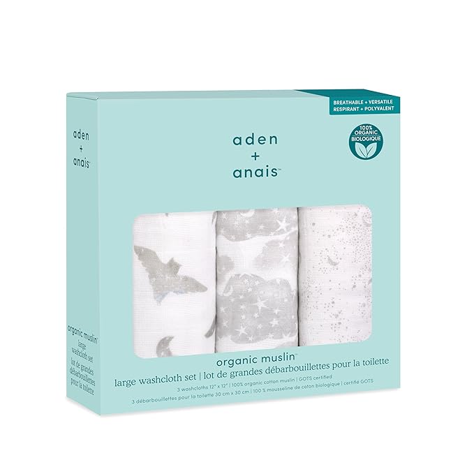 aden + anais Organic Oversized Washcloth 3-Pack, Super Soft 100% Organic Cotton Muslin, Gentle on Skin, 3 Absorbent 12x12 Layers, Softer with Every Use, for Babies Infants Toddlers, Map The Stars