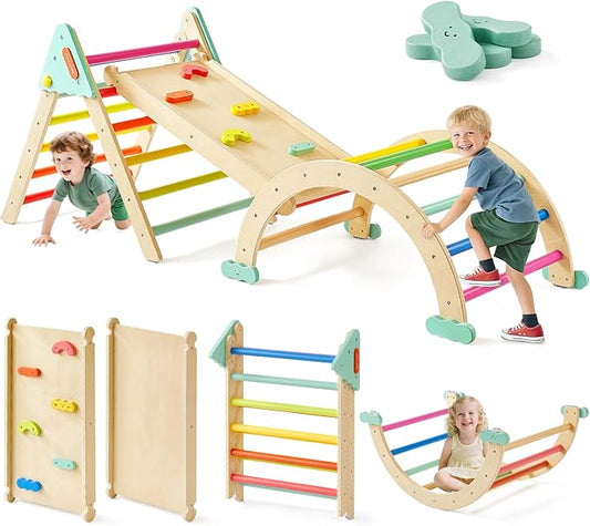 Tiny Land Pikler Triangle Set,7-in-1 Foldable Montessori Toddler Climbing Toys Indoor, Wooden Playground Jungle Gym for Kids, Climber Gift for Boys & Girls Toddler Climbing Toys (Rainbow)