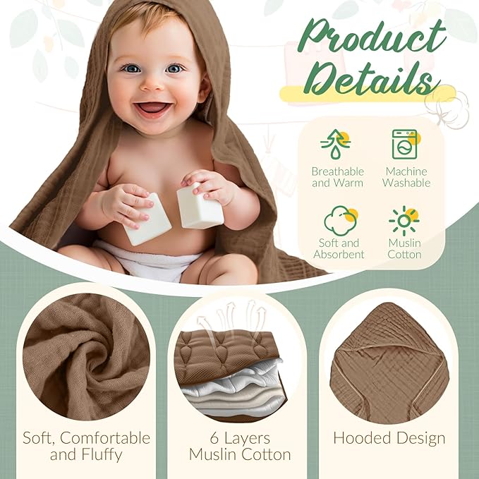 VitalCozy 12 Pcs Baby Muslin Hooded Bath Towels and Washcloths, Muslin Hooded Baby Towels Absorbent Blankets for Gift Newborn Infant Shower (Warm Color)