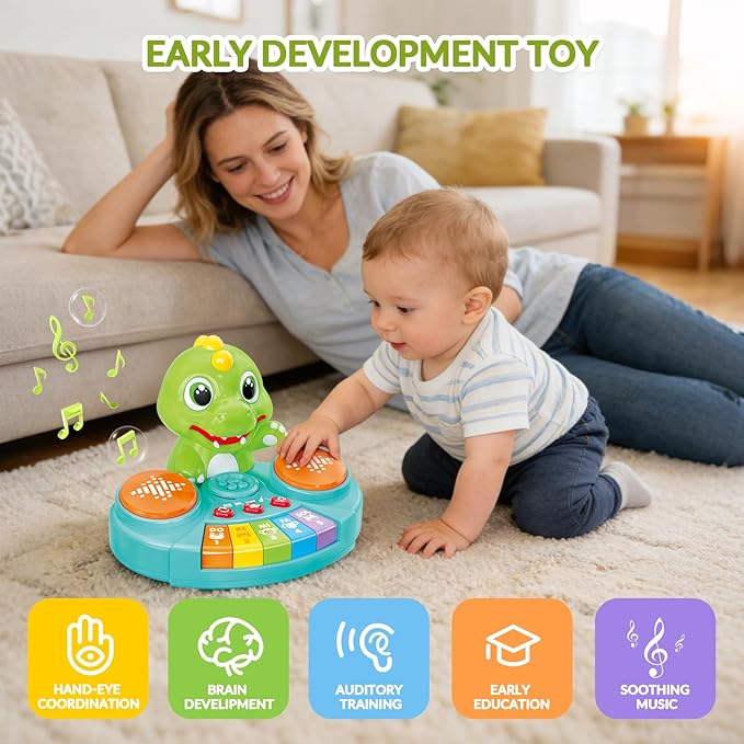 Dinosaur Baby Piano Toy with Animal Sounds, Light Up Educational Keyboard, Interactive Musical Toys for Babies 6-12 Months and Toddlers