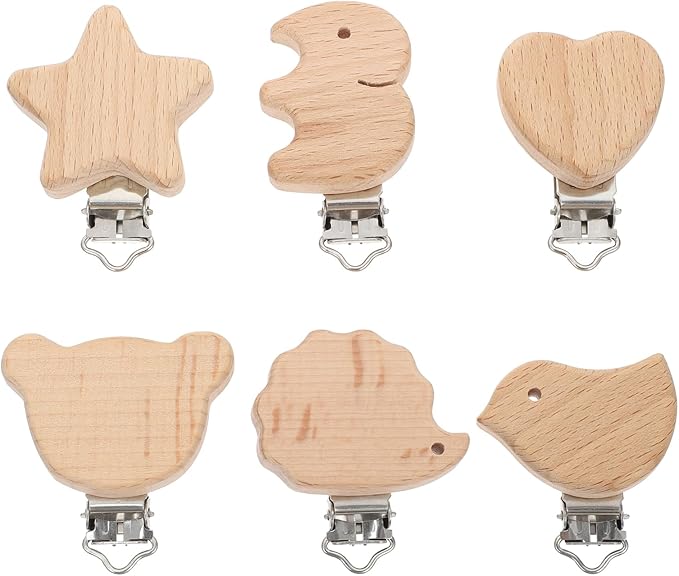 Garneck 6Pcs Natural Wood Suspender Pacifier Clips Cute Beech Wooden Animal Shape Clips Charm DIY Beading Pacifier Chain Accessory (Mixed Style)