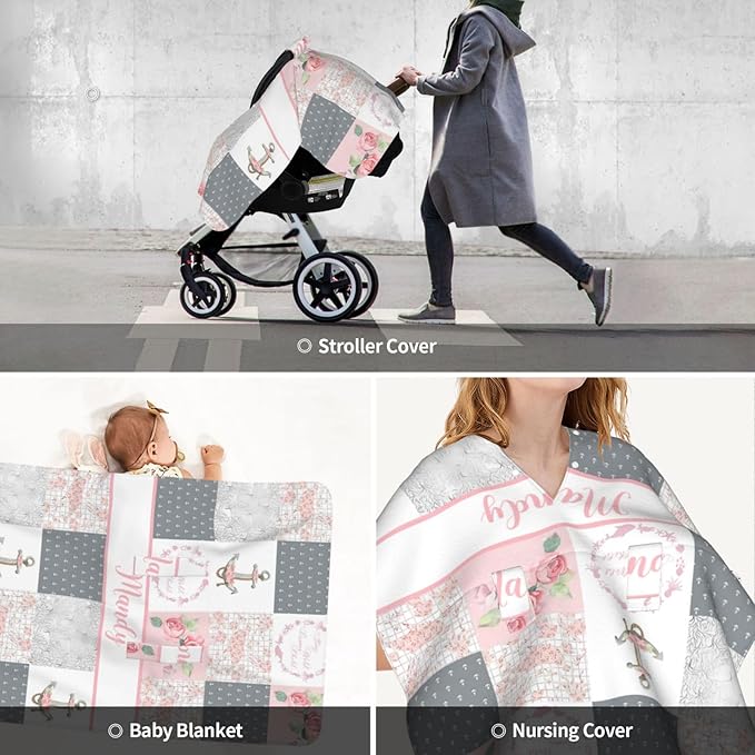 Personalized Baby Car Seat Canopy for Babies with Name, Custom Car Seat Covers for Girls, Floral Anchor Nursing Breastfeeding Stroller Cover Infant Carseat Canopies for Newborn