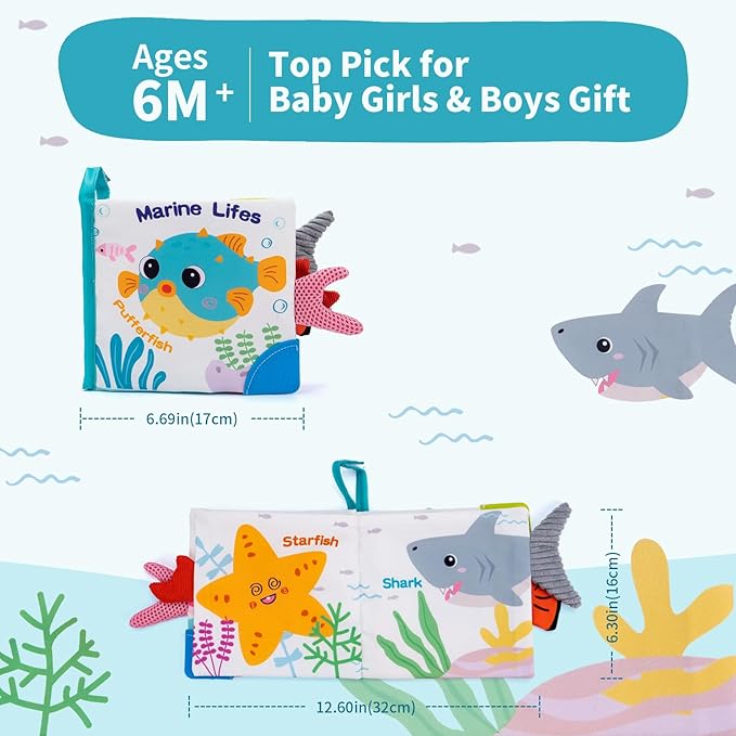 Love&Mini Baby Cloth Book Toys - Ocean Shark Crinkle Book with Teether, Touch & Feel Soft Books for Babies 6+ Months, Sensory Early Learning Toys, Baby Shower Gifts for Boys & Girls