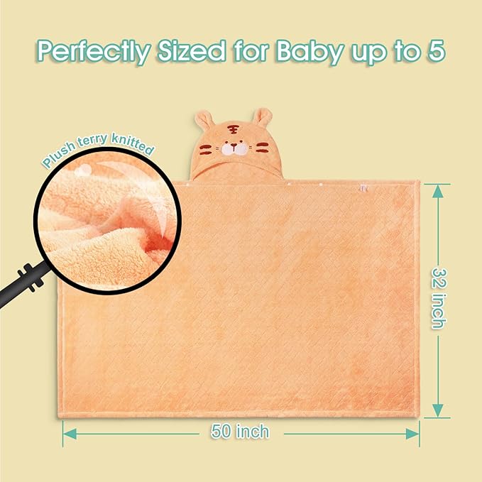Toddler Towels for Boy, 2 PCS Hooded Baby Towels Boy, Soft and Absorbent Baby Bath Towels, Animal Hooded Design Toddler Towels, Large 50''x32'', White Rabbit & Orange Tiger Set