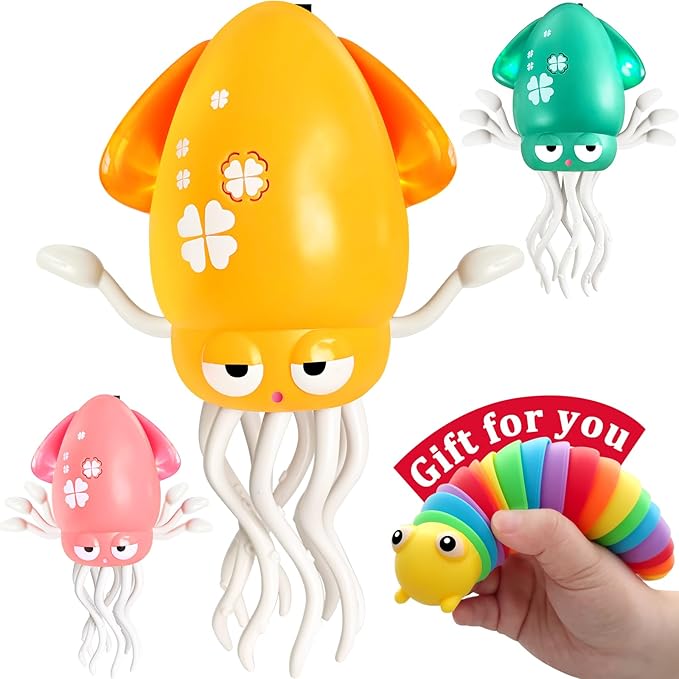 Electric Dancing Octopus Toy, Automatic Obstacle Avoidance Crawling Squid - Lights, Music, Crawling & Fishing Rod Play Fun Chase Toy for Kids Boy Girl Birthday Gifts (Yellow)