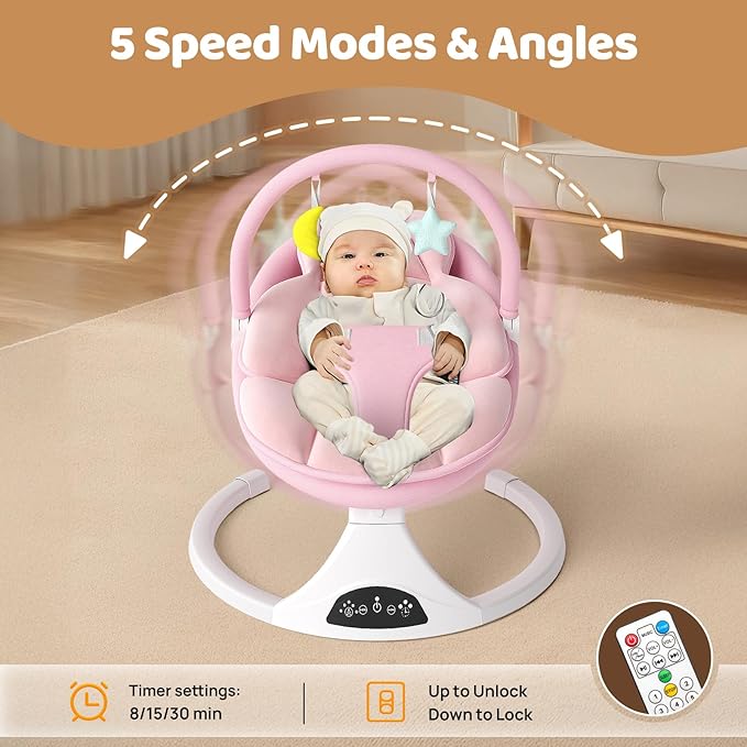 Electric Baby Swing with Remote Control - 5 Natural Motion Speeds, Detachable Seat Pad | Portable Infant Swing for Indoor/Outdoor Use (0-6M, 20lbs) (Pink)