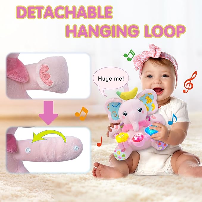 Ryotagift Baby Bilingual Musical Elephant Stuffed Animals Toys,Infant Early Learning Toy with Light-Up Music & Crinkle,Tummy Time Toys for 0 3 6 9 12+ Months for Baby Boy Girl Gift,Pink