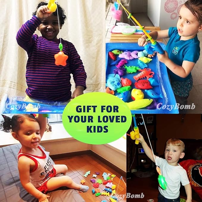CozyBomB™ Magnetic Fishing Toys Game Set for Kids | Water Table Bathtub Kiddie Pool Party Pole Rod Net, Outdoor Plastic Floating Fish, Toddler Bath Color Ocean Sea Animals Easter Gift Age 3-5 6 4-8